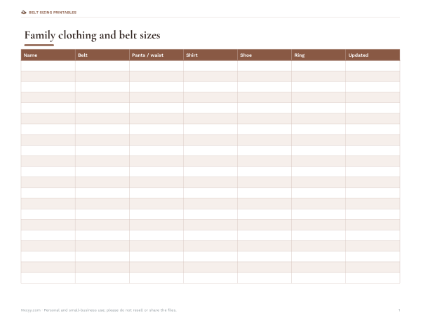 Preview of Printable Family Belt Size Chart