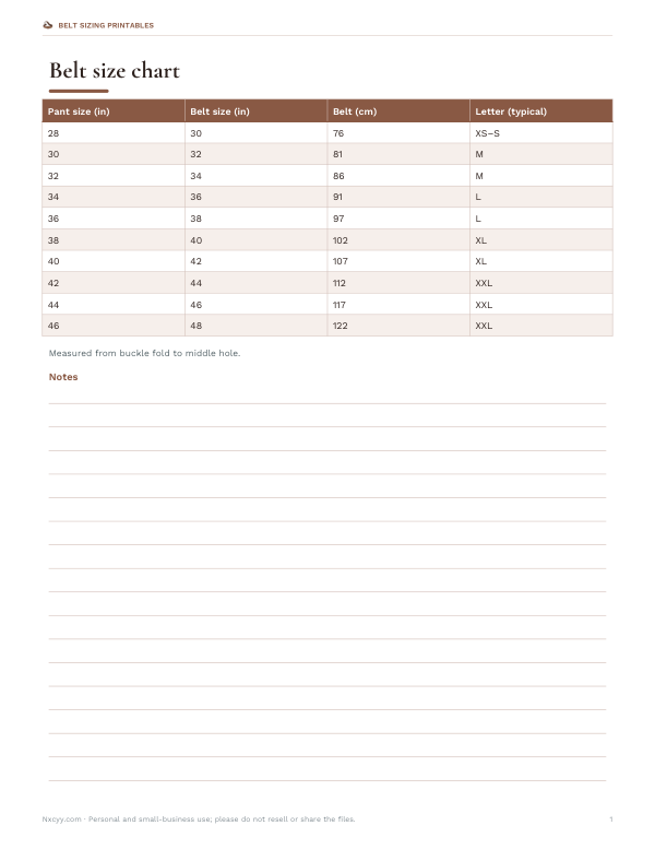 Preview of Printable Belt Size Chart